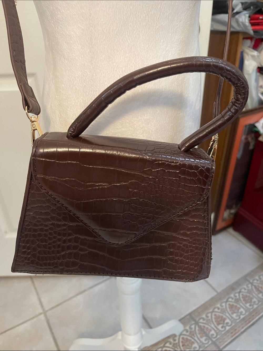 Structured Croc-Embossed Top-Handle Bag in Dark Brown
